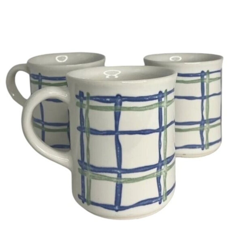 Set Of 3  Mugs With Blue & Green Plaid Design